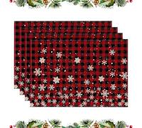 KASESSS Christmas Plaid Placemats Set of 4, 30x45cm Xmas Table Mats with Snowflake Pattern, Premium Polyester-Linen Blend Place Mats Vintage Washable Christmas Table Decoration for Dinner Parties
