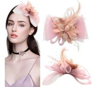 KASESSS Ladies Flower Beaded Synthetic Feathers Facinator Cilp Pink Fascinators for Women Elegant Mesh Fascinator, Fascinators for Weddings Races Cocktail Party Hair Fascintor Accessories