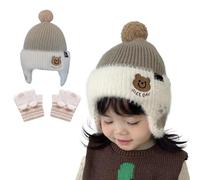 KASESSS Newborn Baby Winter Hat and Gloves Set, Cute Little Bear Design Pom Pom Earflap Hat, Baby Mittens Exposed Fingers, Warm Fleece Lined Beanie Hats, Knitted Hats for 0-24 Months Boys Girls
