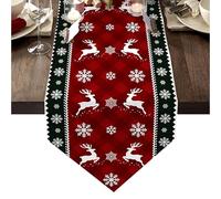 KASESSS Red Christmas Table Runner, Snowflake Reindeer Plaid Linen Table Runners for Christmas Table Decoration, Winter Xmas Kitchen Dining Tables Decoration for Home Party Decor 33x183cm