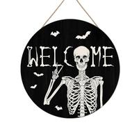 KASESSS Skeleton Wooden Halloween Door Sign Round Welcome Sign Front Door Hanger Scary Spooky Halloween Wooden Hanging Plaque Wall Decor For Home Party Indoor Outdoor 20x20cm Black