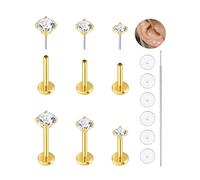 KaseStyle 20G Flat Back Earrings Studs 18G Nose Rings 24K Gold Plating 3 Pairs Titanium Threadless 16G Cartilage Earrings for Women Men Tragus Conch Helix Medusa Lip Piercing Jewelry, 18g, Titanium