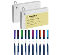 Kasezh 2 Pack(200sheets 160 GSM-Thick Premium) White Ruled Record Cards with 10 Fineliner Pens, 2 Binder Rings - White Double Side Ruled Flashcards (5x3”) for Study & Projects.