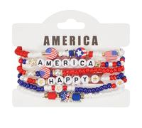 KASFDBMO 6PCS Stylish Independence Day Stretch Bracelets Red White Blue Beads with Alloy Star Pendants National Celebration Beaded Jewelry