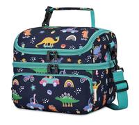 Kasgo Kids Insulated Lunch Bag, 7.5L 2-Tier Boys Lunch Box Green Dinosaur | Large, BPA-free PEVA Wipe-clean Lining, Detachable Strap, Clip-on Handle, Water-resistant, 3H Warm, 2H Cold, School, Picnic