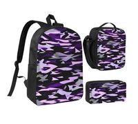 Kashinn Backpack Set with Lunch Bag & Pencil Case American Camouflage Purple Print Oxford Fabric Portable Useful Bag Set
