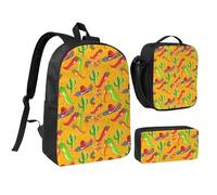 Kashinn Backpack Set with Lunch Bag & Pencil Case Cactus Hat and Chili Pepper Print Oxford Fabric Portable Useful Bag Set