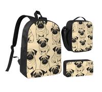 Kashinn Backpack Set with Lunch Bag & Pencil Case Cute Pug Dog Print Oxford Fabric Portable Useful Bag Set