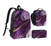 Kashinn Backpack Set with Lunch Bag & Pencil Case Dark purple texture marble Print Oxford Fabric Portable Useful Bag Set