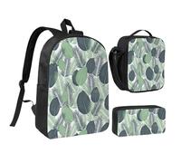 Kashinn Backpack Set with Lunch Bag & Pencil Case Green Tropical Leaves Print Oxford Fabric Portable Useful Bag Set