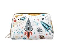 Kashinn Leather Cosmetic Bag Portable Makeup Bag Travel Cosmetic Zipper Pouch Skincare Bag Cartoon Rockets Print