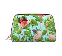 Kashinn Leather Cosmetic Bag Portable Makeup Bag Travel Cosmetic Zipper Pouch Skincare Bag Flamingo Love Flowers Print