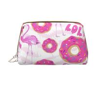 Kashinn Leather Cosmetic Bag Portable Makeup Bag Travel Cosmetic Zipper Pouch Skincare Bag Flamingo and donuts Print