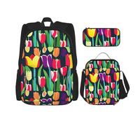 Kashinn Premium Colorful Tulips Print 3-in-1 Backpack Set with Lunch Bag & Pencil Case Portable Bag Set