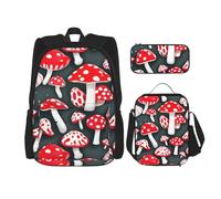 Kashinn Premium Red White Mushroom Print 3-in-1 Backpack Set with Lunch Bag & Pencil Case Portable Bag Set