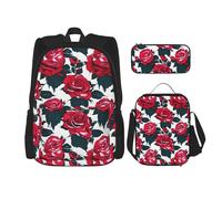 Kashinn Premium Rose Flower Floral Picture Print 3-in-1 Backpack Set with Lunch Bag & Pencil Case Portable Bag Set