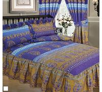 Kashmir Blue With Gold Frill Double Bed Fitted Frilled Luxury Quilted Bedspread Set - Ethnic Asian Indian Floral Dots Print, Navy Sky Blue Purple Metallic Gold, Superior Quality 68 Pick Fabric