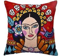 Kashmir Designs Frida Inspired Pillow Cover Bella Senorita Hispanic Pillowcase Colorful Birds Pillowsham Skull Mexican Suzani Chair Cushion Flower Couch Hand Embroidered Wool 18x18 Inch