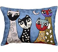 Kashmir Designs Lumbar Picasso Pillow Cover - Blue Cat Abstract Kitties Cushion - Hand Embroidered Wool Size 14x20