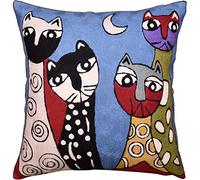 Kashmir Designs Picasso Blue Cat Pillow Cover Quadruplets Whimsical Hand Embroidered Wool 18x18