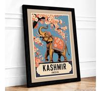 Kashmir Elephant Vintage Framed Wall Art Print A1 (84.1×59.4cm) Black, Wall Decor for Living Room, Bedroom, Office & Home, Ready to Hang, Art Gift