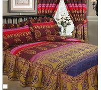 Kashmir Fuschia Pink With Gold Frill Double Size Bed Fitted Frilled Luxury Quilted Bedspread Set - Ethnic Asian Indian Floral Dots Print, Burgundy Rust Red Pink Purple Lilac Metallic Gold, Superior Quality 68 Pick Fabric