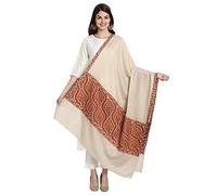 Kashmiri Indian Sozni Embroidery Paper Mache Pashmina Wool Shawl Scarf for Women (Ivory)