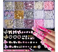 Kasither 10,000 Nail Charms & Gemstones: 3D Pink Bow Heart Pendants for Trash Boxes Kit; Golden Butterfly Charms for Nail Design, Small Stra