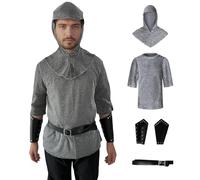 Kasjuante 5 Pcs Men's Renaissance Knight Crusader Costume Medieval Faux Chain Mail Armor Bracers Waist Belt Set (XXL, Silver Gray)