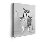 Kasluolo Black and White Husky Dog Bathroom Decor Wall Art Funny Husky Sitting in Toilet Reading Newspaper Pictures Print Painting Wall Décor for Bathroom Toilet Framed Artwork 12x16 inch
