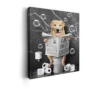 Kasluolo Golden Retriever Sitting on Toilet Wall Art - Black and White Animal Bathroom Funny Pictures - Farmhouse Dog Wall Décor for Toilet - Framed Artwork 16x20 inch