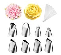 Kasmoire 8 Pcs Rose Flower Piping Tips Set,Petal Icing Tips with 10 Pcs Disposable Piping Bags for Cake Decorating