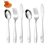 Kasoud Childrens Cutlery Set, Stainless Steel Kids Utensils, Kids Cutlery Knife and Fork Sets, Dishwasher Safe Including 2pcs Fork+2pcs Safe Dinner Knives+2pcsTable Spoons, Dinosaurs Ngraved Design