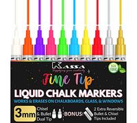 Kassa Liquid Chalk Markers Fine Tip (10 Pack 3mm) - Chalkboard Markers Erasable - Gold & Silver Included - Wet Erase Markers for Glass Blackboard Windows - Chalk Pens Include Dual Chisel & Bullet Tip