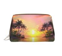 kastiong Portable Leather Makeup Bag for Women - Travel Cosmetic Organizer, Large Tropical Island Sunset Print Makeup Pouch, White, One Size, Art Deco, White, One Size, Art Deco