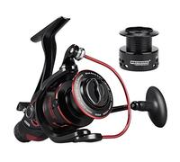 - KastKing Sharky Baitfeeder III spinning reel with 10+1 shielded stainless steel bearings, carbon fibre drag system - front and rear drag; approved both for fresh- and for saltwater use, Red & black