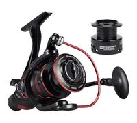 - KastKing Sharky Baitfeeder III spinning reel with 10+1 shielded stainless steel bearings, carbon fibre drag system - front and rear drag; approved both for fresh- and for saltwater use, Red & black