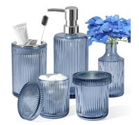 KASUNTING Blue Ribbed Glass Bathroom Accessory Set 5 Pcs