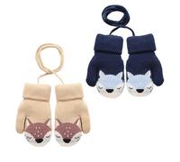 KASURE 2 Pairs Kids Knitted Gloves, Baby Mittens with Warm Plush Lining, Cute Fox Knitting Gloves With lanyard, for Toddler Girls Boys 0-3 Years (Khaki+Navy Blue)