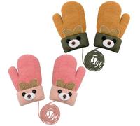 KASURE 2 Pairs Kids Thick Knitted Gloves, Cute Cartoon Hang Neck Mittens, Full Finger Gloves with String, Toddler Baby Winter Warm Mittens for 1-3 Years Old Boys Girls (Khaki and Red)