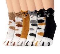 KASURE 6 Pairs Fluffy Socks for Women and Girls, Cozy Cute Cat Paw Pattern, Fuzzy Sleep Socks, Soft Slippers for Bed/Sofa/Home, Winter Warm Animal Bed Footwear