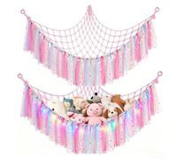 KASURE Animal Hammock with LED Lights（3 m）and Hook, 59 Inch Large Toy Hammock for Stuffed Animals Teddy Bear Storage, Boho Decor Plush Toy Storage Net, Soft for Kids Bedroom Nursery (Pink)