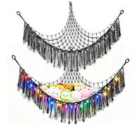 KASURE Animal Hammock with LED Lights（3 m）and Hook, 59 Inch Large Toy Hammock for Stuffed Animals Teddy Bear Storage, Boho Decor Plush Toy Storage Net, Soft for Kids Bedroom Nursery (Black)