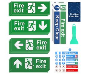 KASURE Fire Exit Sign Set, 21 Pcs Self-Adhesive Fire Safety Signs, (Right, Left, Up, Down Arrow), Fire Action Signs, Fire Exit Keep Clear Sign, Fire Door Keep Shut Sign, Come with Scraper