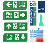 KASURE Fire Exit Sign Set, 21 Pcs Self-Adhesive Safety Signs, (Right, Left, Up, Down Arrow), Fire Action Signs, Keep Clear Sign, Door Keep Shut Sign, Come with Scraper