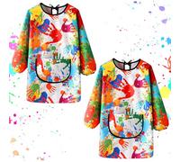 KASURE Kids Art Aprons for Painting, 2Pcs Waterproof Childrens Apron With Large Pockets, Long Sleeve Style Kids Painting Apron for Height 100-120 CM, Suitable for Cooking, Painting, Craft, School