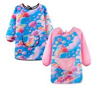 KASURE Kids Art Aprons for Painting, 2Pcs Waterproof Childrens Apron With Large Pockets, Long Sleeve Style Kids Painting Apron for Height 100-120 CM, Suitable for Cooking, Craft, School (Medium)