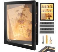 KASURE Shadow Box Frame with Removable Shelves, 28 x 36 cm Memory Box with Linen Back DIY Sports Shirt Display Frame Black Display Case for Football Shirts Medals Photos Keepsakes Souvenirs