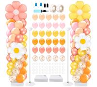 Kasyat 2 Sets Boho Daisy Balloon Column Stand Kit Macaron Pink Yellow Orange Pastel Groovy Flower Balloons Arch Garland Kit for Baby Shower Birthday Wedding Groovy Flower Party Decoration