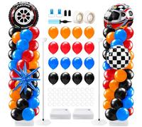 Kasyat 2 Sets Hot Car Balloon Column Stand Kit with Star Race Tire Wheels Helmets Checked Foil Balloons Race Car Arch Garland Kit for Floor for Racing Themed Birthday Party Decorations